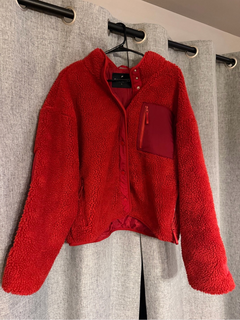 Fabletics Red Teddy Sherpa Jacket with Snap & Zip Chest Pocket